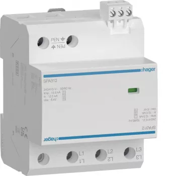 Dispozitiv de protecție la supratensiune Hager SPA312 tip 1+2+3, 3 poli, 12,5 kA, TN-C, șină DIN
