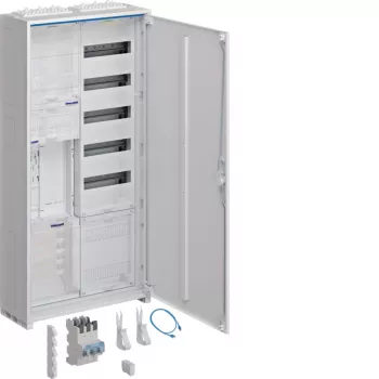 Carcasă completă de contor și distribuție Hager ZB32SEQ15A, 1 câmp contor eHZ, câmp distribuție cu 5 rânduri, APZ integrat, montaj aparent/îngropat, oțel, albă