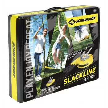 SCHILDKRÖT Slackline Set 15 m Yellow, 50 mm Wide with Ratchet Tensioning - Balance Training Kit 970701