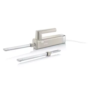 Cuțit electric GRAEF EK508EU 180 W cu lame din oțel inoxidabil, 2 lame cu dinți, mâner ergonomic, suport de depozitare din lemn, întrerupător de siguranță, cablu 1,2 m, alb