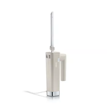 Cuțit electric GRAEF EK508EU 180 W cu lame din oțel inoxidabil, 2 lame cu dinți, mâner ergonomic, suport de depozitare din lemn, întrerupător de siguranță, cablu 1,2 m, alb