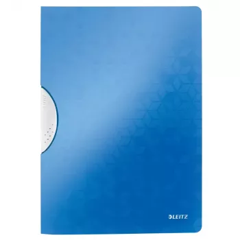 Mapă cu clemă LEITZ WOW ColorClip A4, albastru metalic cu suprafață embosată 3D, interior gri deschis, capacitate 30 file 4185-00-36
