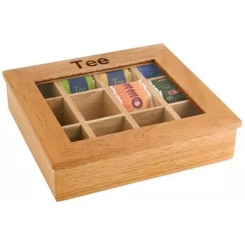 Cutie de ceai APS din bambus maro deschis cu fereastră transparentă, 9 compartimente, 31 x 28 x 9 cm 11775
