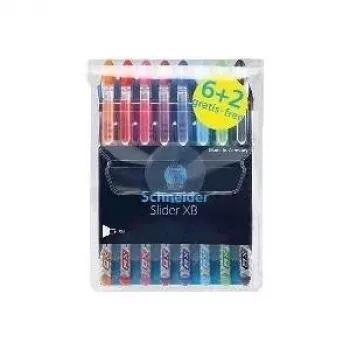 Set de pixuri Schneider Slider Basic - 8 culori asortate, vârf extra larg 1,4 mm, tehnologie Viscoglide, zonă de prindere ergonomică din cauciuc, clemă din oțel inoxidabil 151298