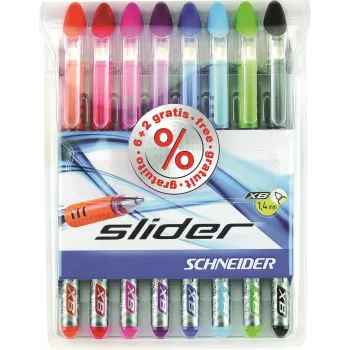 Set de pixuri Schneider Slider Basic - 8 culori asortate, vârf extra larg 1,4 mm, tehnologie Viscoglide, zonă de prindere ergonomică din cauciuc, clemă din oțel inoxidabil 151298