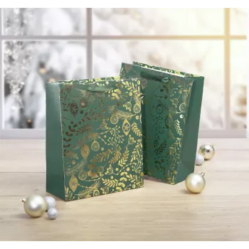 Pungi cadou SIGEL GT118, ornamente aurii pe verde, 26 x 32 cm, pachet de 5