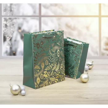 Pungi cadou SIGEL GT118, ornamente aurii pe verde, 26 x 32 cm, pachet de 5