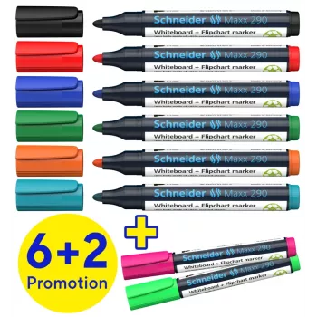 Set de 8 markere pentru whiteboard și flipchart Schneider Maxx 290 culori asortate, vârf rotund 2,0-3,0 mm 129098