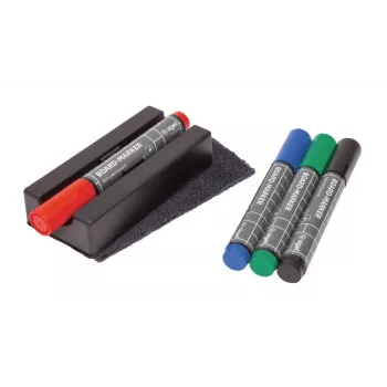 Set accesorii pentru tablă albă SIGEL BA151, 4 markere cu cerneală uscată, radieră magnetică, suport magnetic pentru markere, spray de curățare 50 ml, 10 lavete de curățare, negru