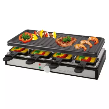 Grill Raclette Clatronic RG 3757, dreptunghiular, placă de grătar cu nervuri 42x21 cm, 8 tăvițe raclette, 1400 W, oțel inoxidabil/plastic 263946