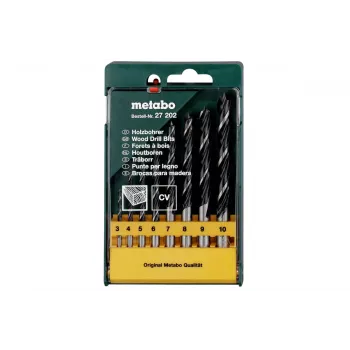 Set de burghie spiralate pentru lemn Metabo 627202000, 8 piese, 3-10 mm, HSS, vârf de centrare, casetă din plastic