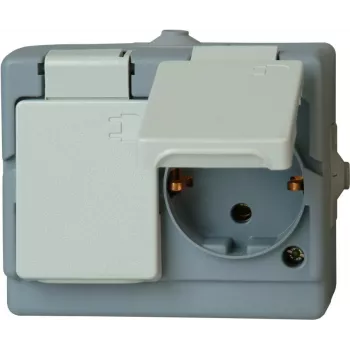HEINRICH KOPP Surface-Mounted IP44 Double Schuko Socket Outlet, Pre-Wired, Horizontal, Grey 1302.4800.6