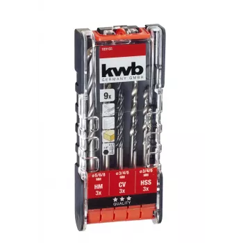 KWB 109155 HSS Twist Drill Bit Set, 9-Piece, 1.5-6.0 mm, DIN 338, Ground, for Metal, Plastic, Wood
