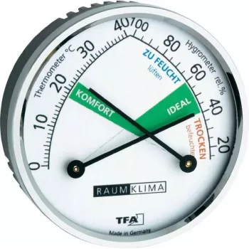 Termo-higrometru TFA Dostmann 452024, analogic, alb/argintiu, montaj pe perete sau suport de masă, de la -15 la +55 °C, 0-100% RH