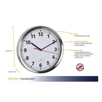 Ceas de perete radio-controlat TFA Dostmann 60.3529.02 220 mm aluminiu cu secundar cu mișcare continuă