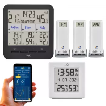 Set de start TFA Dostmann TFA.me cu gateway WLAN și 2 termo-higrometre wireless KLIMA@HOME, negru/alb 35.8109.02
