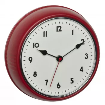 Ceas de perete radiocontrolat TFA Dostmann 60.3541.05, rotund, carcasă metalică roșie, capac din sticlă, diametru 240 mm