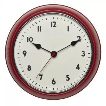 Ceas de perete radiocontrolat TFA Dostmann 60.3541.05, rotund, carcasă metalică roșie, capac din sticlă, diametru 240 mm