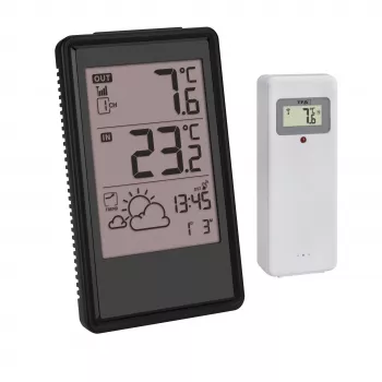 Stație meteo radio TFA Dostmann 35.1170.01 cu prognoză pe 6-12 ore, temperatură și umiditate interior/exterior, ceas radiocontrolat, suportă până la 3 senzori