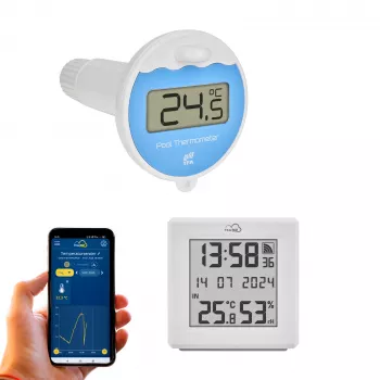 Set de start termometru inteligent de piscină TFA Dostmann TFA.me cu gateway WLAN și senzor plutitor de piscină, alb, 35.8110.02