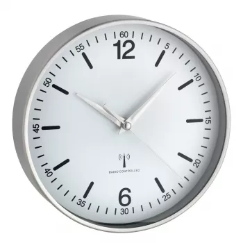 TFA DOSTMANN Ceas de perete radiocontrolat 60.3503.02, diametru 195 mm, ramă de aluminiu, cadran alb, argintiu