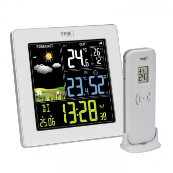 Stație meteo wireless TFA SUN 2 cu prognoză 12-24 ore, temperatură și umiditate interior/exterior, presiune atmosferică, fază a lunii, ore de răsărit/apus, ceas radiocontrolat DCF-77 și 1 senzor exterior, 35.1174.02