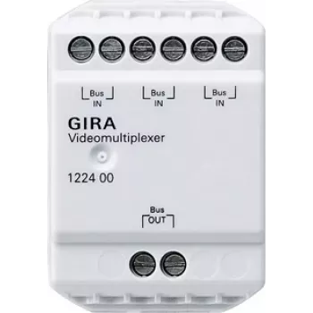 Multiplexor video Gira 122400 pentru comunicație la ușă, magistrală cu 2 fire, 4 intrări cameră, șină DIN, 6 U