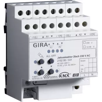 Actor de jaluzele/obloane GIRA cu 2 canale, 230 V AC, KNX/EIB, șină DIN 215200