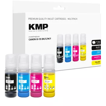 Set de cerneală de reumplere KMP pentru Canon GI-55BK/C/M/Y, 4x70 ml pachet combinat (negru, cyan, magenta, galben) 1587,0005