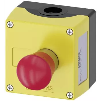 Carcasă Siemens 3SU18010NE004AB2 (3SU1801-0NE00-4AB2) pentru montaj pe podea, cu plăcuță, 1 buton roșu cu deblocare prin rotire, neagră