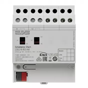 Actor de comutare KNX Jung, 2 canale, 16 A, 230 V AC, șină DIN, 2 TE 2302.16REGHM