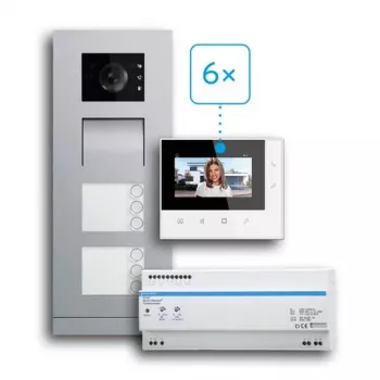 Set de interfon video pentru casă cu 6 apartamente BUSCH-JAEGER 83-6FHVIDEO/SET, 2 fire, montaj de suprafață (2CKA008300A1466)