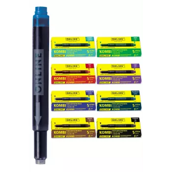 Cartușe de cerneală universale pentru stilou ONLINE, 6 culori asortate (albastru regal, negru, maro, albastru de noapte, violet, roșu), Standard International scurt 70057
