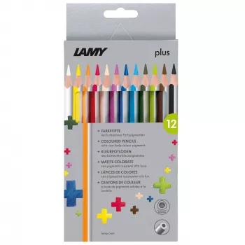 Creioane colorate triunghiulare LAMY plus, cutie de carton de 12 bucăți, formă triunghiulară ergonomică, suprafață mată, culori asortate (1222007)