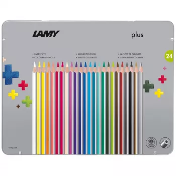 Creioane colorate LAMY Dreikant plus, 24 culori asortate, formă ergonomică triunghiulară, finisaj mat, cutie metalică 1222010