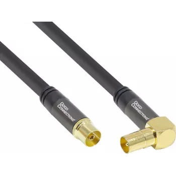 Cablu de antenă SAT GoodConnections SmartFLEX 7,5 m – ștecăr coaxial IEC în unghi la mamă, aurit, ecranare cvadruplă, 120 dB, negru (GC-M2076)