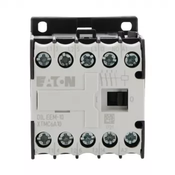 Mini-contactor Eaton DILEEM-10, 3 poli, bobină 230 V AC, 9 A, 4 kW, 1 contact auxiliar NO, montaj pe șină DIN, IP20, negru/alb 056674