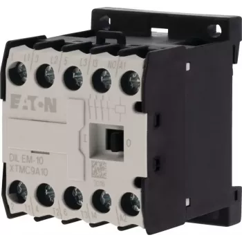Mini-contactor Eaton DILEM-10-G(12VDC), 3 poli, bobină 12 V DC, 9 A AC-3, 1 contact auxiliar NO, IP20, borne cu șurub, montaj pe șină DIN/șurub, negru/alb 079594