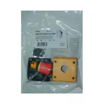 Buton de oprire de urgență Eaton M22-PV-2KC01-IY1-BVP, 2 NC, deblocare prin tragere, IP66, cap ciupercă roșu pe guler galben 110939