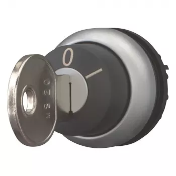 Actuator de comutator selector cu cheie Eaton M22-WRS-MS20, 2 poziții, cu reținere, cheie MS20, inel frontal din metal titan, negru 111779