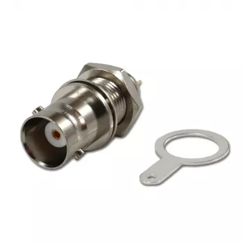 Mufă BNC de panou Telegärtner, izolată, 50 Ohm, șaibe izolatoare albe, Z03 (J01001B1222)