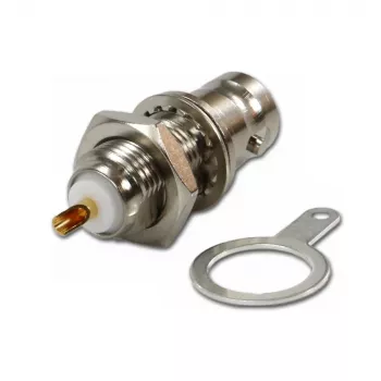 Mufă BNC de panou Telegärtner, izolată, 50 Ohm, șaibe izolatoare albe, Z03 (J01001B1222)