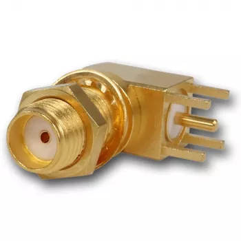 Conector mamă SMA în unghi pentru montaj pe panou Telegärtner, 50 Ohm, aurit, Z25/Z55 J01151A0201Z
