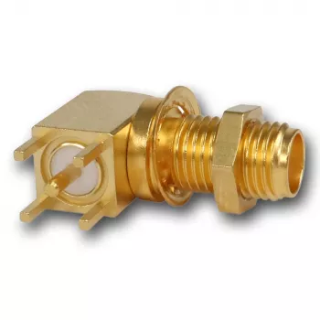 Conector mamă SMA în unghi pentru montaj pe panou Telegärtner, 50 Ohm, aurit, Z25/Z55 J01151A0201Z