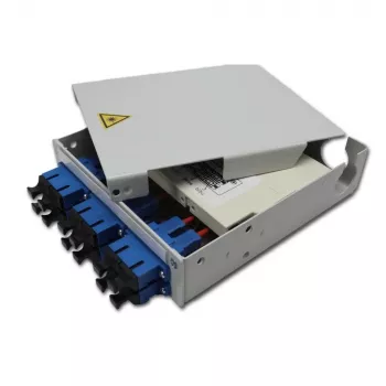Distribuitor pentru fibră optică Telegärtner STX pe șină DIN, 6x SC Duplex Singlemode, casetă de fuziune 12 fibre, pigtail, pregătit pentru fuziune H82050E0002