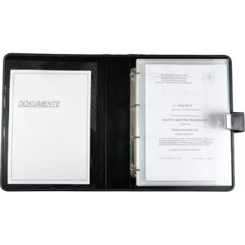 Mapă pentru documente A4 JÜSCHA Alassio cu mecanism cu inele, imitație de piele, neagră, 5 folii pentru documente 31514