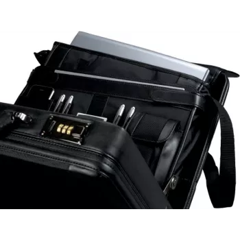 Geantă de laptop JÜSCHA ALASSIO cu husă de laptop detașabilă, extensibilă, cu încuietori cu combinație, neagră din nailon/piele artificială (45039)