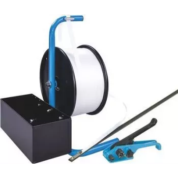 Set de chingi din poliester Banholzer & Wenz, distribuitor mobil, 19 mm x 600 m, cu 1000 catarame din sârmă 17066