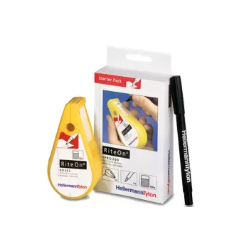 Set de start HellermannTyton RiteOn cu distribuitoare preumplute, 600 etichete auto-laminante, albe, 19 x 38 mm, include marker roșu 550-14010