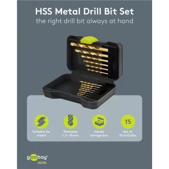 Set de burghie pentru metal Goobay 77850 HSS, 15 piese, 1,5-10 mm, DIN 338, în cutie de depozitare